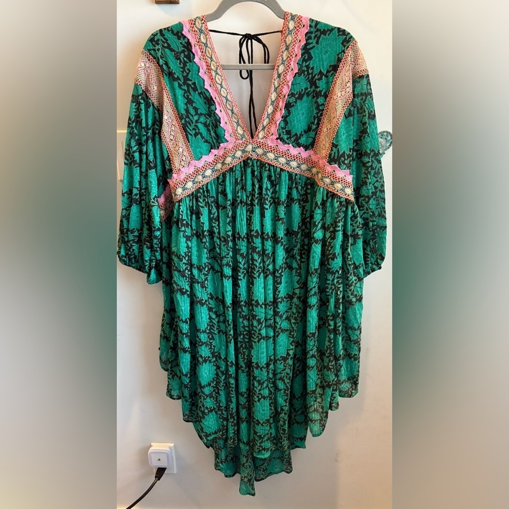 Free People Green Floral Asymmetrical V-Neck Dress with Pink Trim